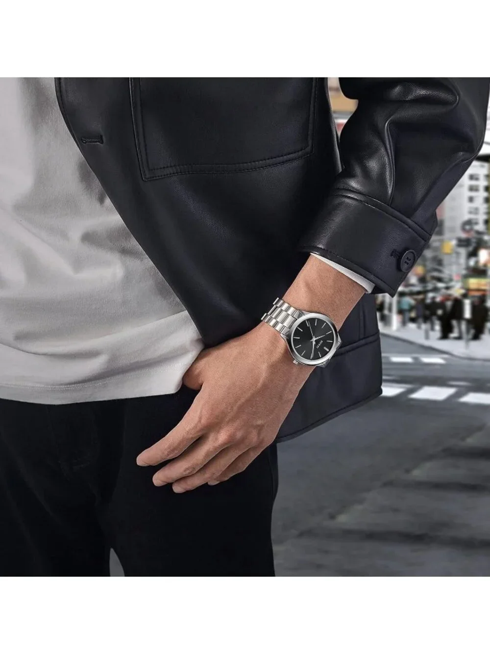 Men's Silver Black Analog Quartz Stainless Steel Waterproof Round Luxury Watch